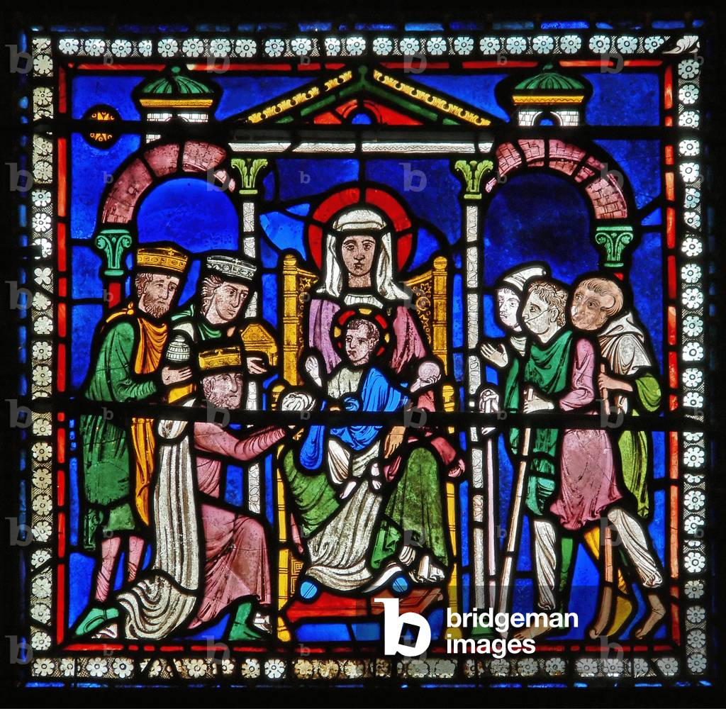 "Dettaglio da una delle Finestre bibliche raffigurante l'adorazione dei Magi e dei Pastori (vetrate)", 13th Se