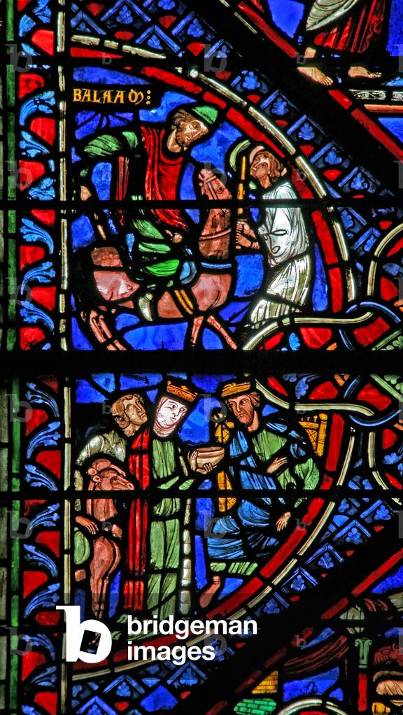 Window w2 depicting the Queen of Sheba; Balaam and his ass (stained glass)