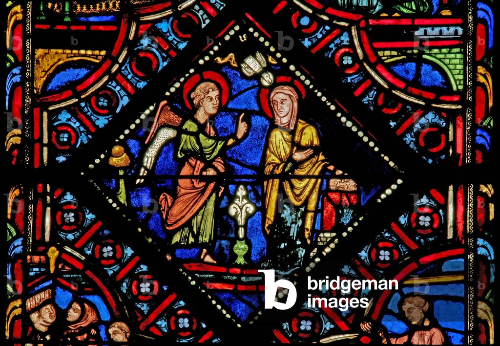 Window w0 depicting the Virgin Mary at the Annunciation (stained glass)