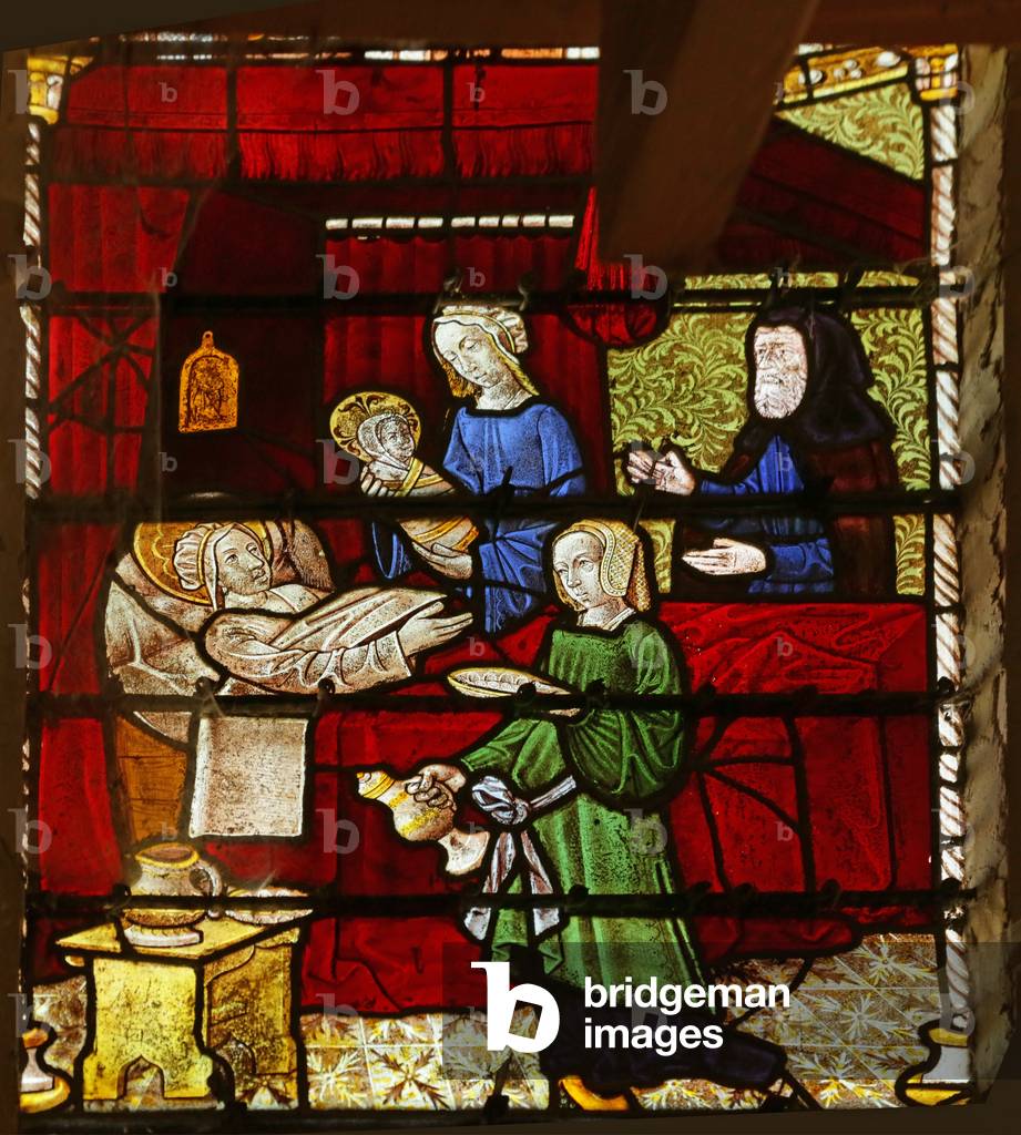 Window depicting the Birth of the Virgin Mary (stained glass)