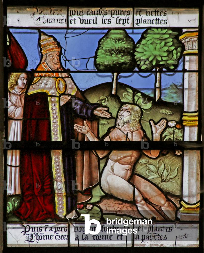 Window depicting the Creation of Adam (stained glass)