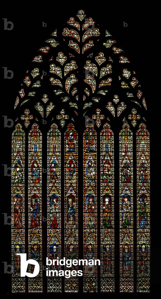 Window Ww depicting archbishops, Apostles, the Annunciation, Nativity, Resurrection, Ascension, Coronation of the Virgin (stained glass)