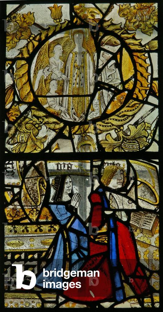 Window s6 depicting donors - Cave? beneath a roundel of the Assumption (stained glass)