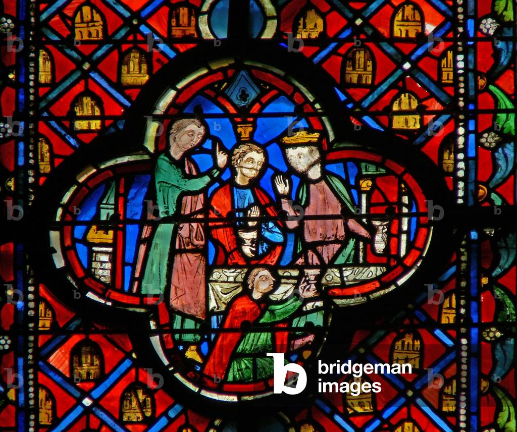 Window w9R  Daniel explains the marvel at Balthazza's (Belshazzar) feast. Dan V 1 (stained glass)