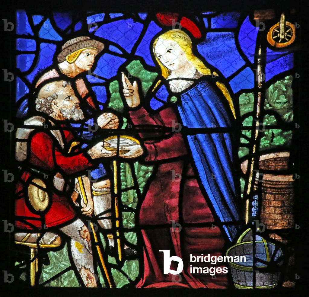 Window w24 depicting St Genevieve gives a leppar drink (stained glass)