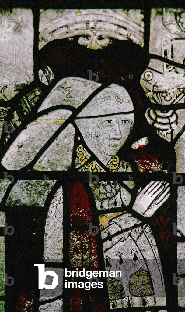 Window w5 depicting Elizabeth Fray/ Waldegrave - detail of her clothing (stained glass)