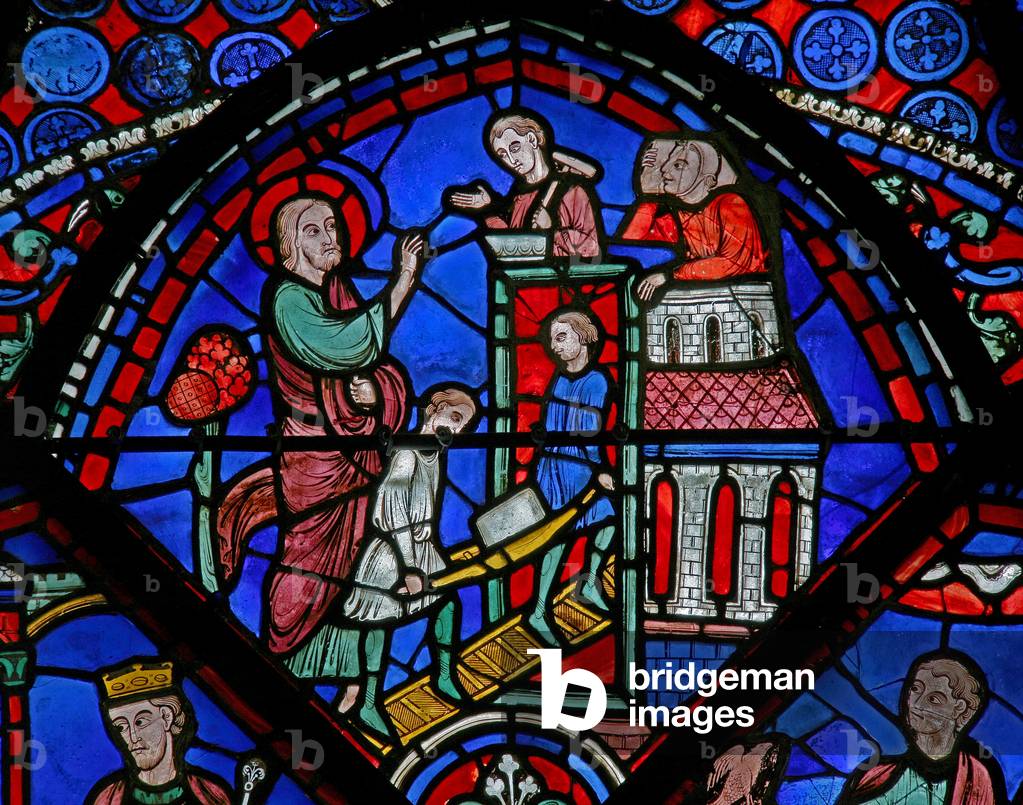 Window w23 depicting a scene from the life of St Thomas: the saint builds a church (stained glass)
