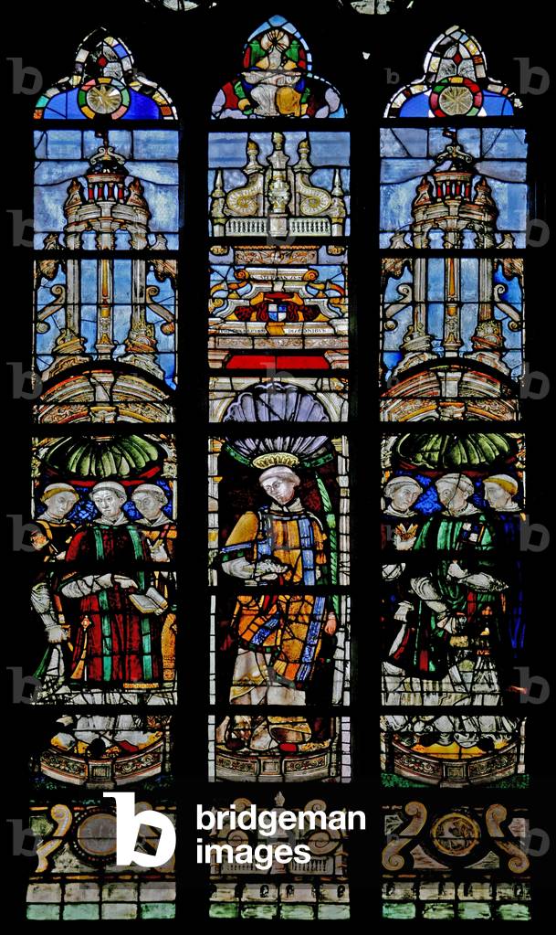 Window w12 depicting seven deacons including antoine de Crevant (stained glass)