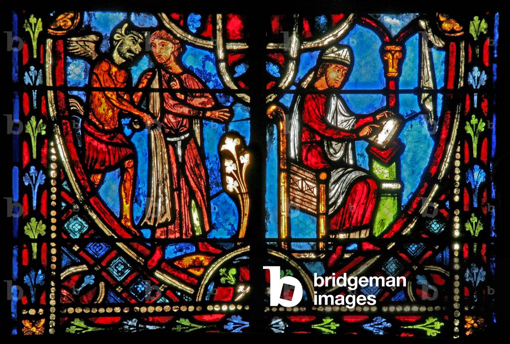 Window w2 depicting a scene from the Theophilus story (modern) (stained glass)