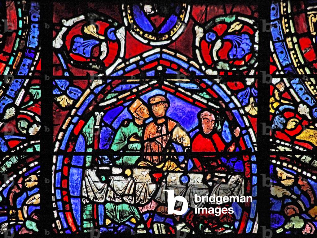 The Prodigal Son window: embraces one of the courtesans (w35) (stained glass)