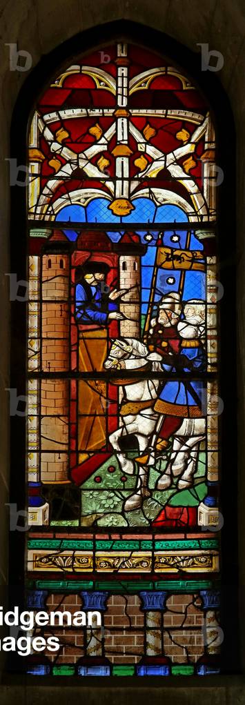 Window w8 depicting St Augustine visits the Comte d'Afrique, Boniface, to protect the people of Hippo against the Vandals (stained glass)