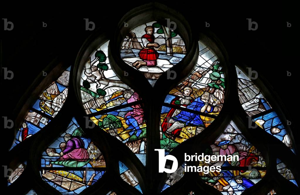 Window w124 depicting Scenes from the Flood and Noah's Ark. At the summit the donor(?) Georges Le Picart de Radeval (stained glass)