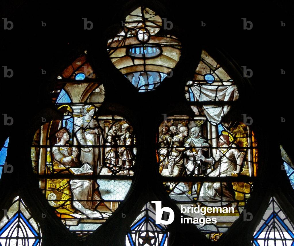 Window w13 depicting Jesus with Martha and Mary. (stained glass)