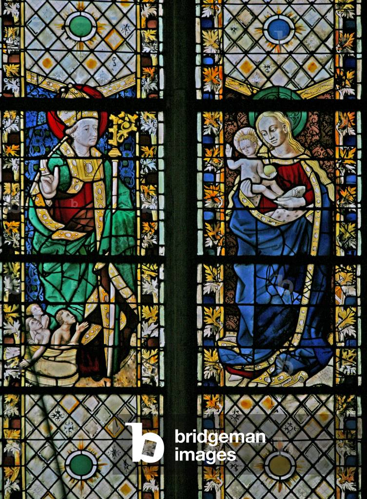 Window w43 depicting St Nicholas and the Virgin and Child (stained glass)