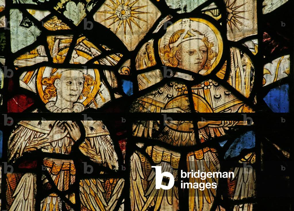 The East window (Ew) depicting musician angels (stained glass)