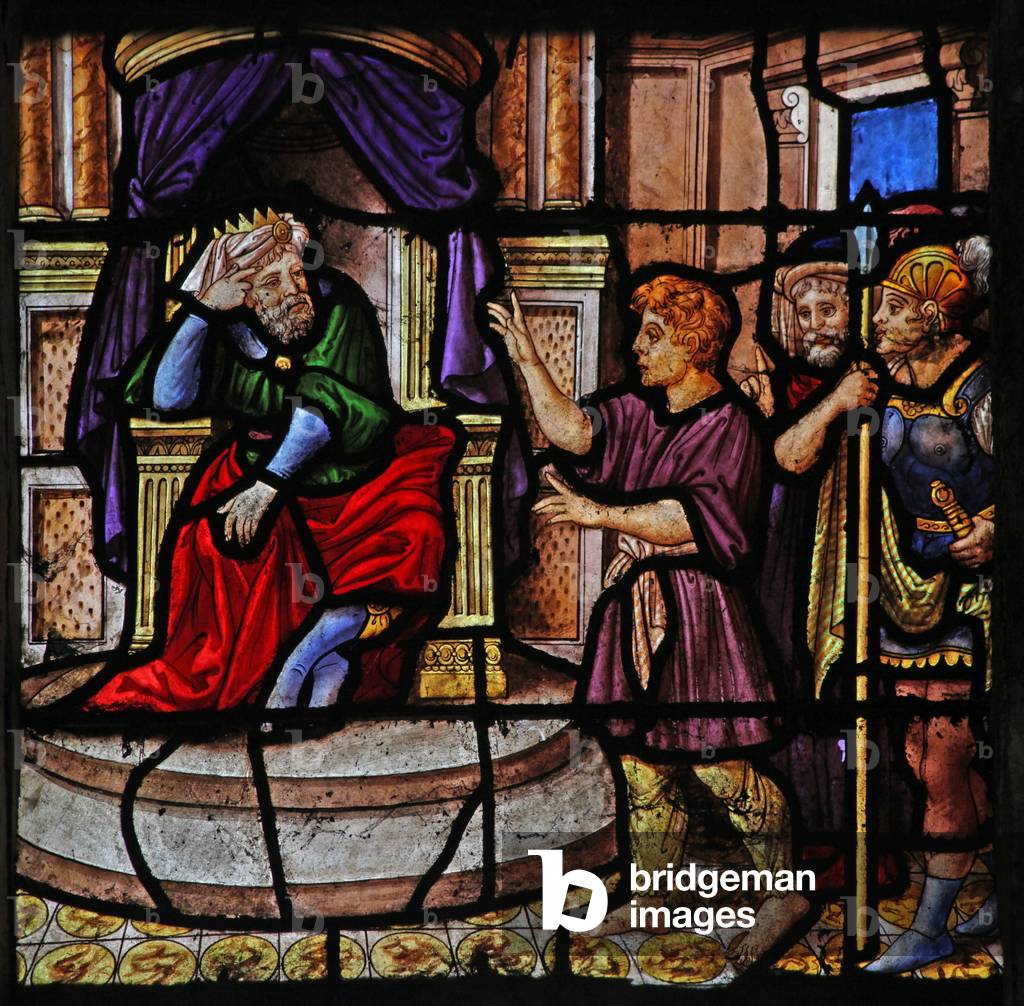 Window w25 depicting a scene from the story of the Joseph: before pharaoh (stained glass)