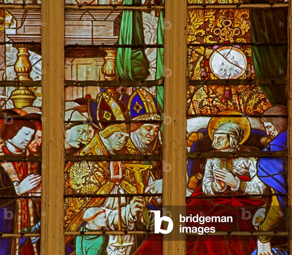 Window depicting Saint Louis: miraculously recovers from illness and vowing to go to the Holy Land (stained glass)