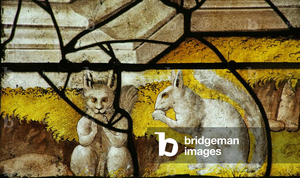 Window depicting squirrels at the base of the window with Emperor AuguSaintus' vision (stained glass)