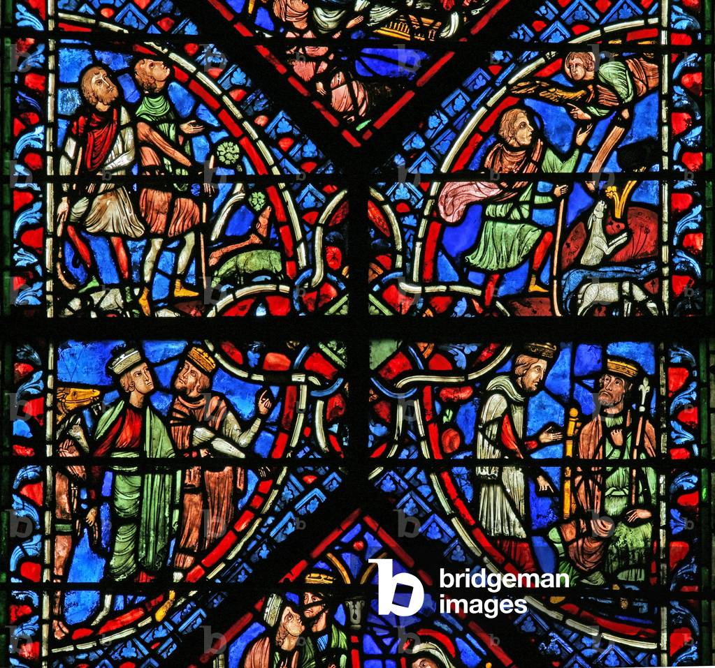 Window w2 depicting the Magi with Herod; Annunciation to the Shepherds (stained glass)