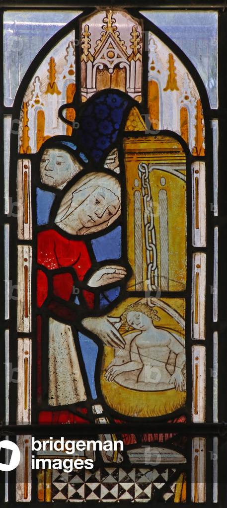 Window w2 depicting St Nicholas: a child is left to boil whilst being washed (stained glass)