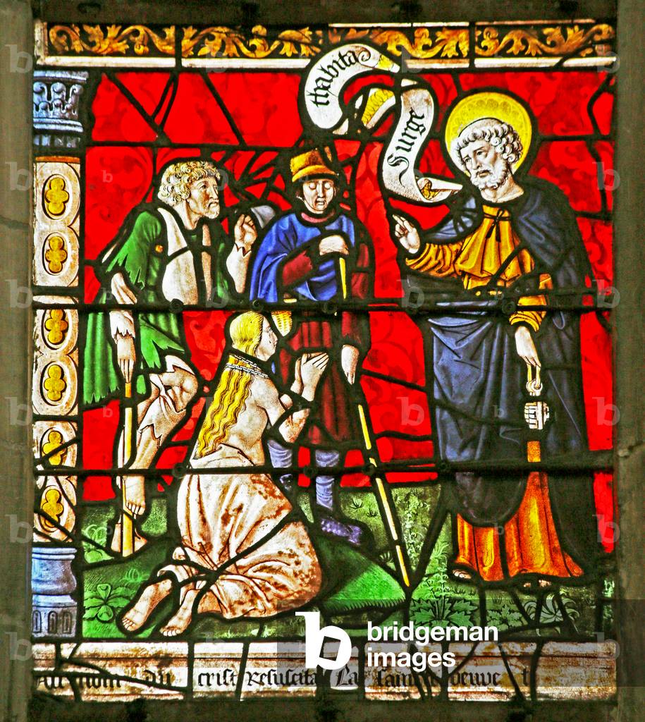 Window depicting Saint Peter healing Tabitha (stained glass)