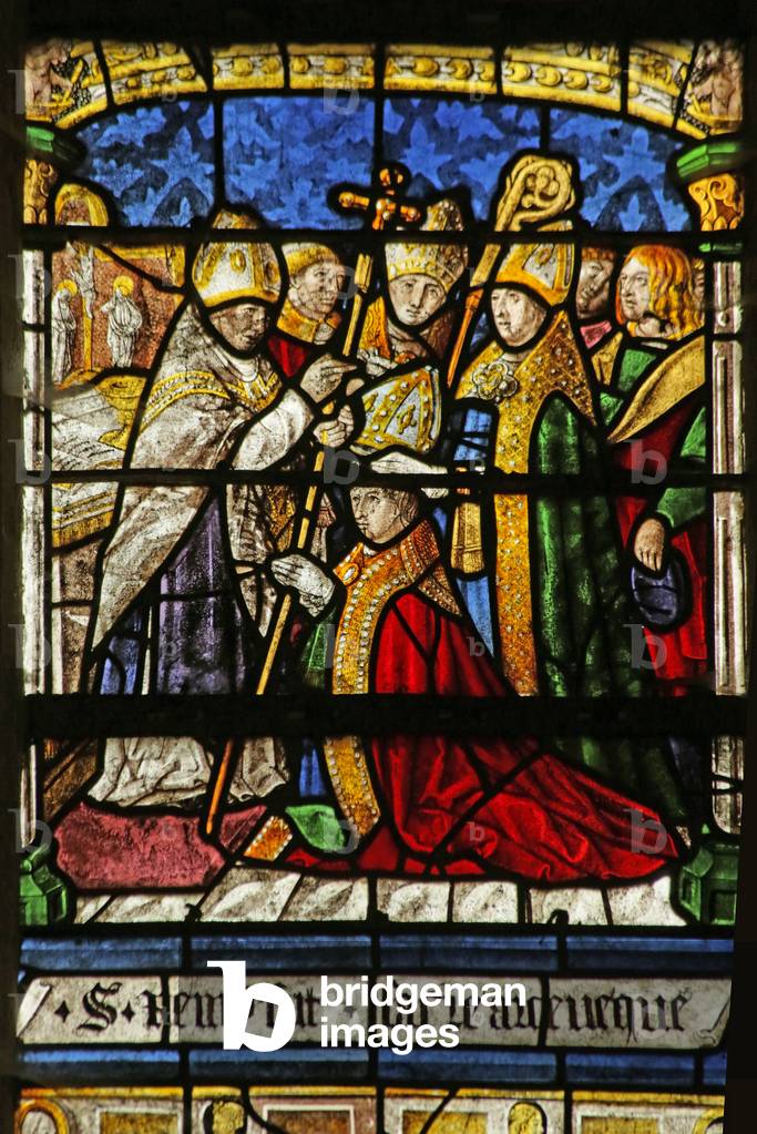Window depicting Saint Remi being enthroned as Archbishop of Reims (stained glass)