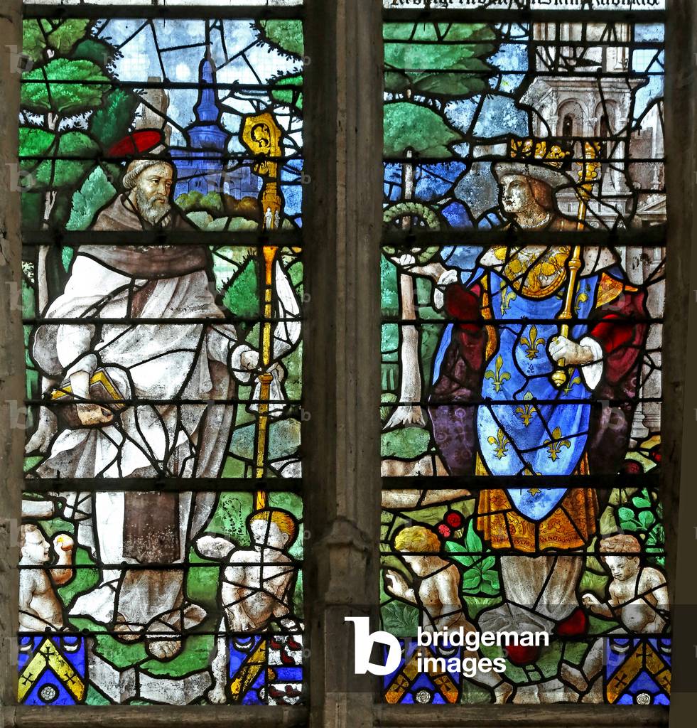 Window w1 depicting a saint abbot with St Louis (stained glass)
