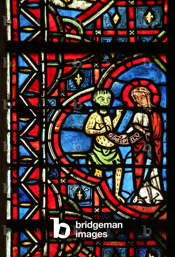 The Virgin Mary gets Theophilus' pact back from the devil  (stained glass)