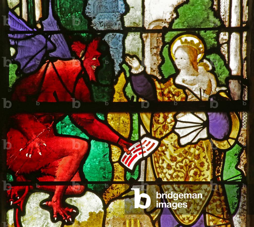 Window depicting the Virgin Mary getting back Theophilus' pact from the devil (stained glass)