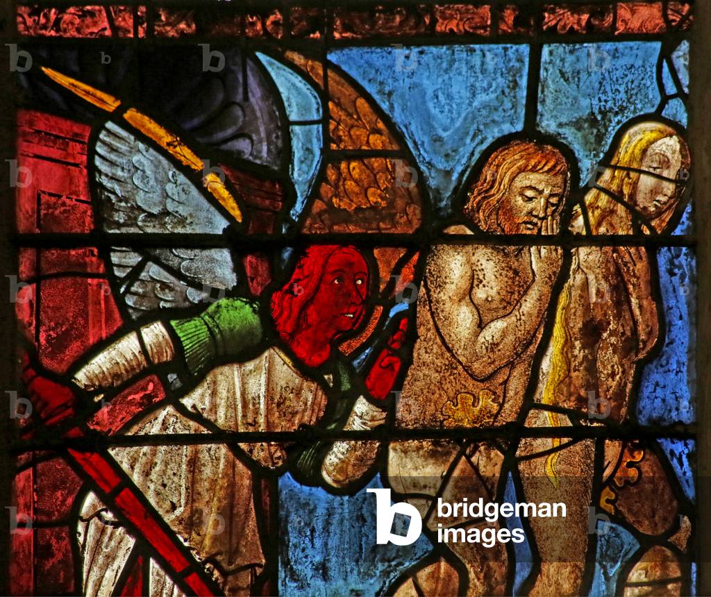 Window depicting Adam and Eve being expelled from Eden (stained glass)