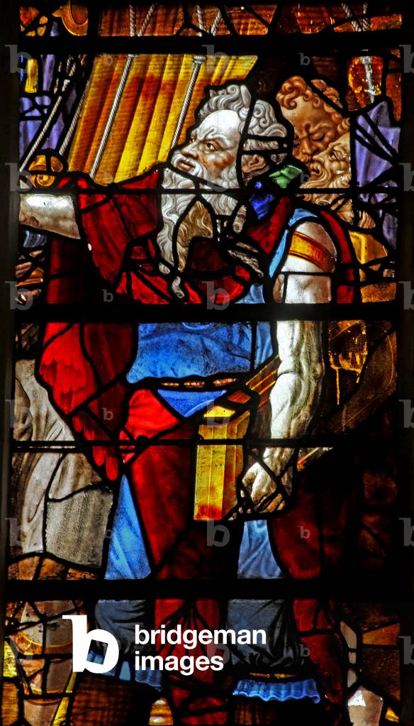 Window w16 depicting Moses (head modern) organises the Collecting of the Manna (some figures are copies of Michelangelo figures) (stained glass)