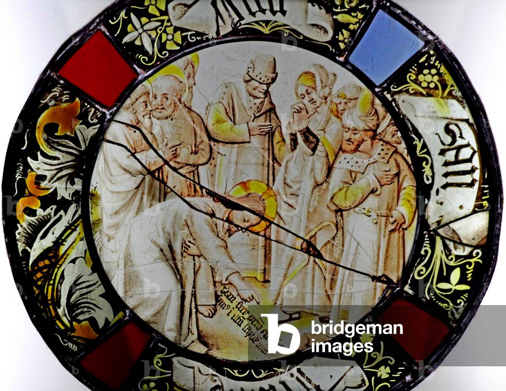 Window w79 depicting Christ and the Woman Taken in Adultery (stained glass)
