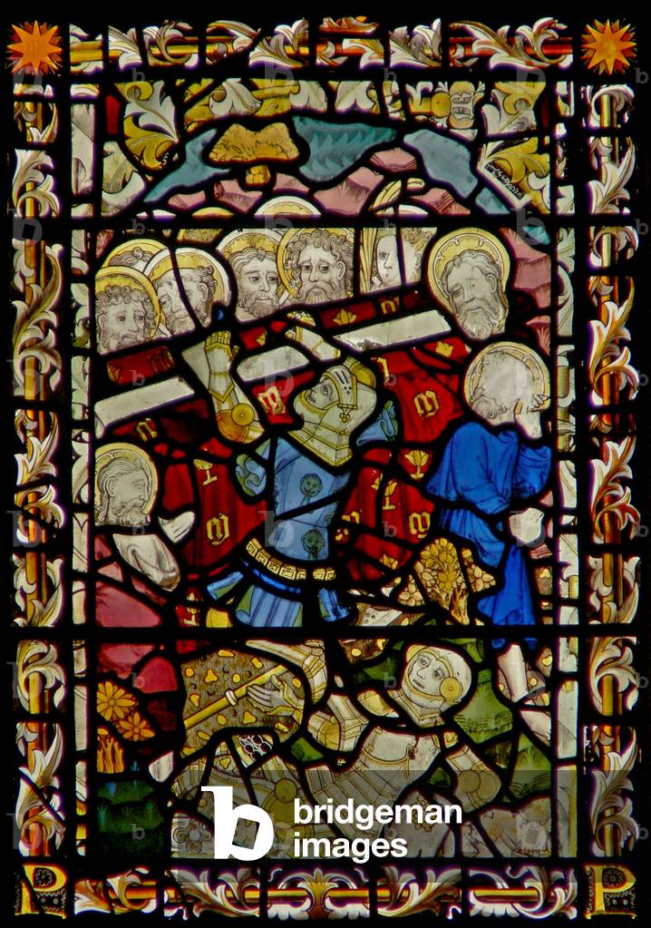 The east window depicting the Funeral of the Virgin Mary and the overturning the coffin (the Boy from Bourges) (stained glass)