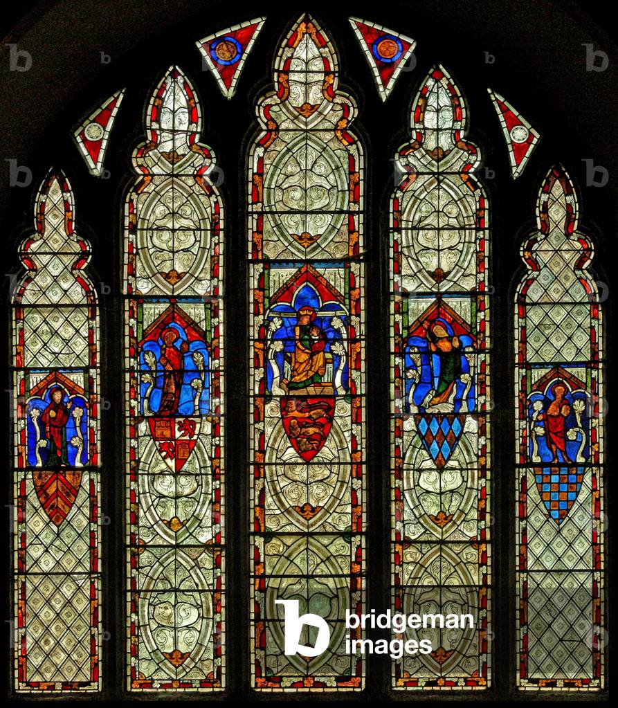 Window Ew depicting the Crucifixion and St Mary, St John, St Mary Magdalene and St Margaret (stained glass)