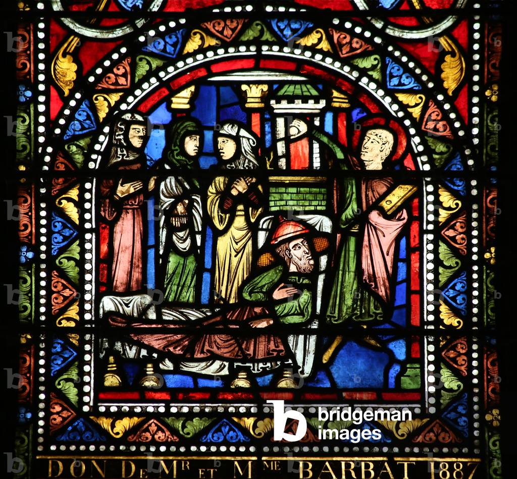 Window w13 depicting the Meal at Simon's place. Mary Magdalene washes Christ's feet (stained glass)