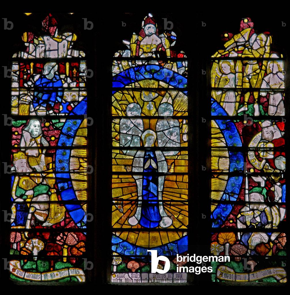 Window N5 depicting the north transept window: the Assumption of the Virgin and other scenes (stained glass)