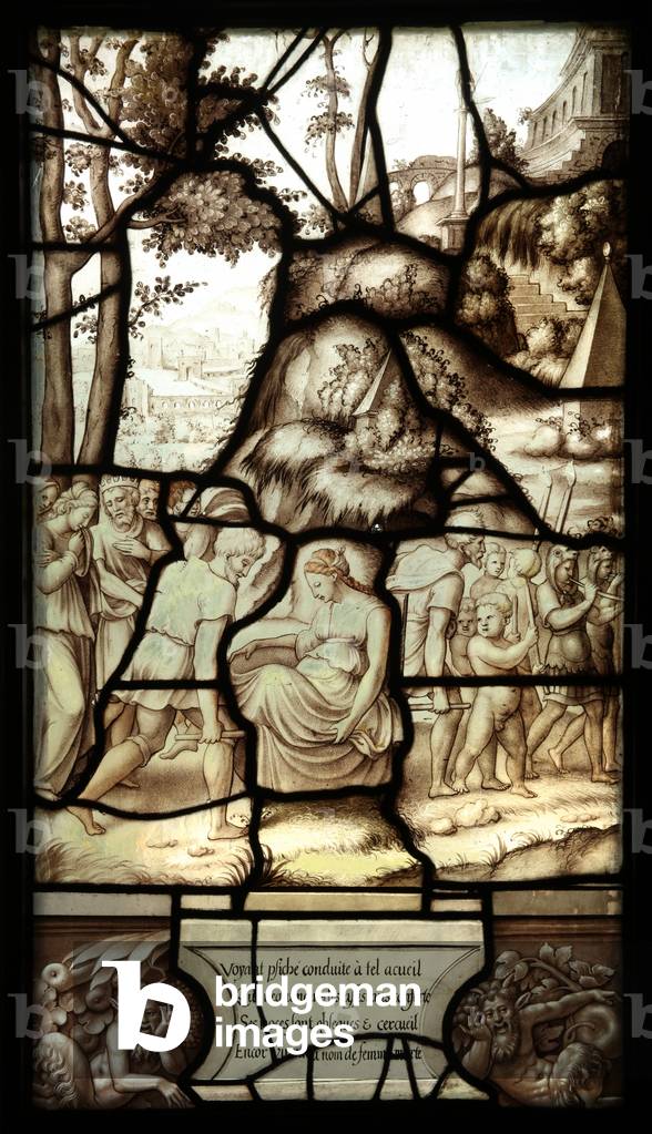 Panel 6 of the story of Psyche and Cupid: Psyche is taken to the rock beside a luxurious palace (stained glass)