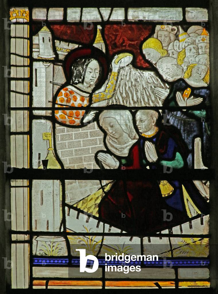 Window depicting the punishment of the philosophers from the legend of Saint Catherine (stained glass)