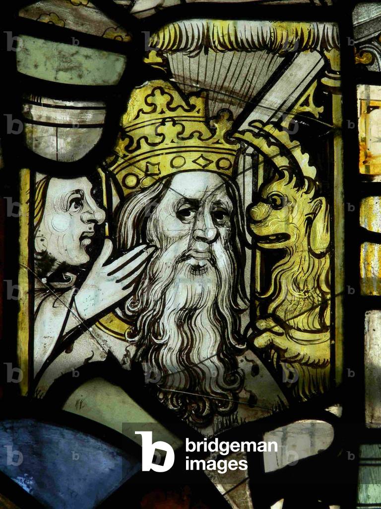 Window s3 depicting a pope receiving counsel from a woman egged-on by a demon (stained glass)