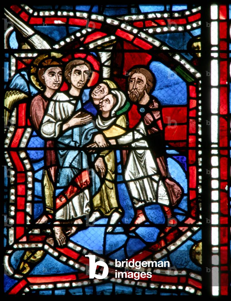 Window w5-R depicting an angel leads Lot out of the city (stained glass)
