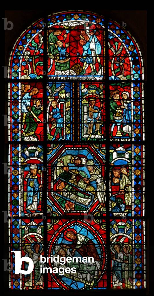 Window wXX depicting Composite window concerning the relics of St Gervais et Protais and the Martyrdom of their parents St Vital and Valery (stained glass)