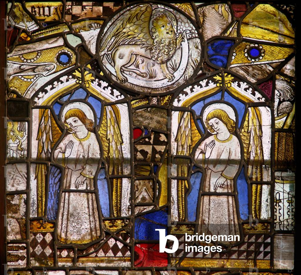 A panel in the east window depicting two angels and St Mark's lion (stained glass)