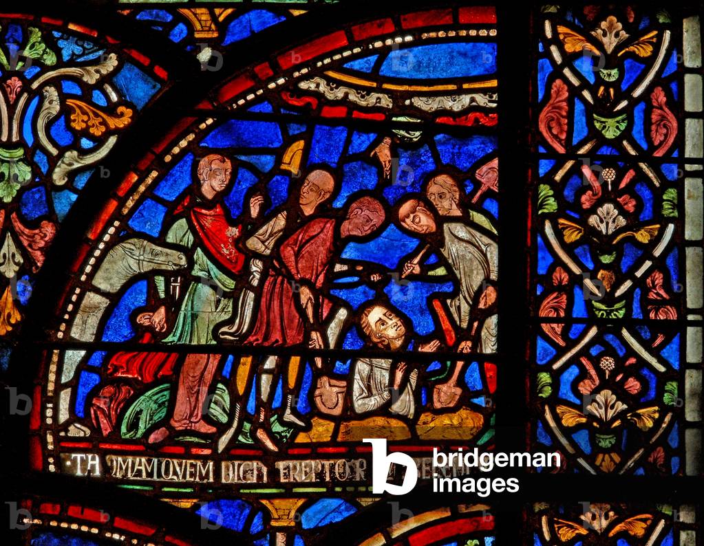 Window s7 depicting a scene from a St Thomas Becket Miracle window: William of Gloucester buried and uncovered (stained glass)