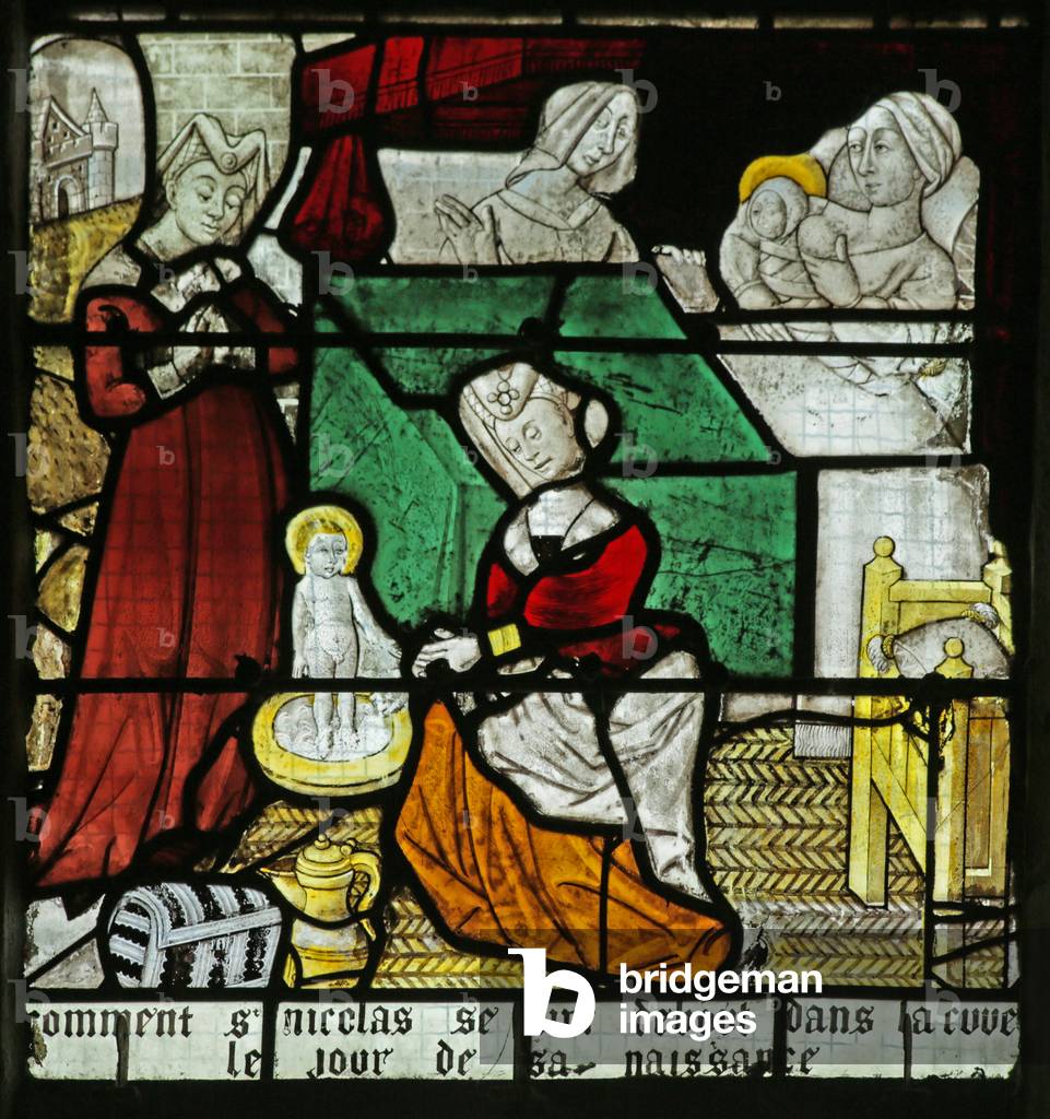 Window depicting the birth of St Nicholas, 1460-70 (stained glass)
