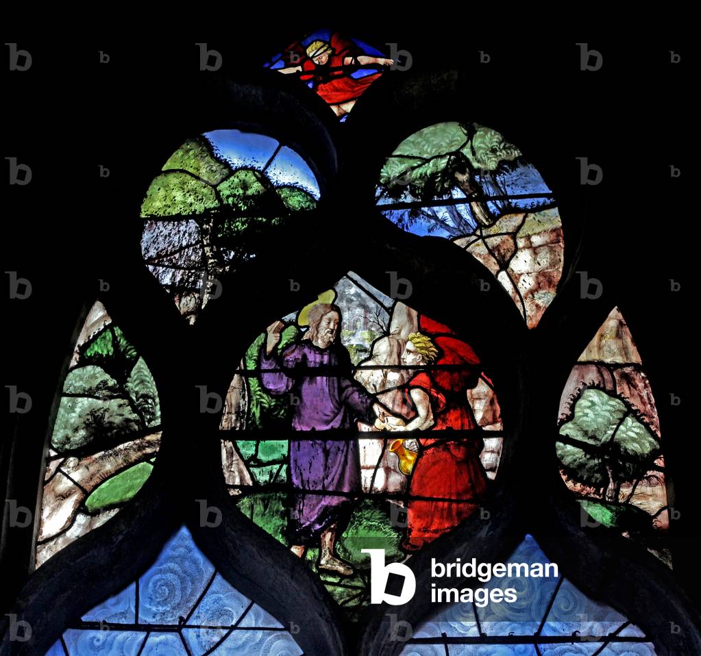 Window w12 depicting the Temptation in the Wilderness (stained glass)