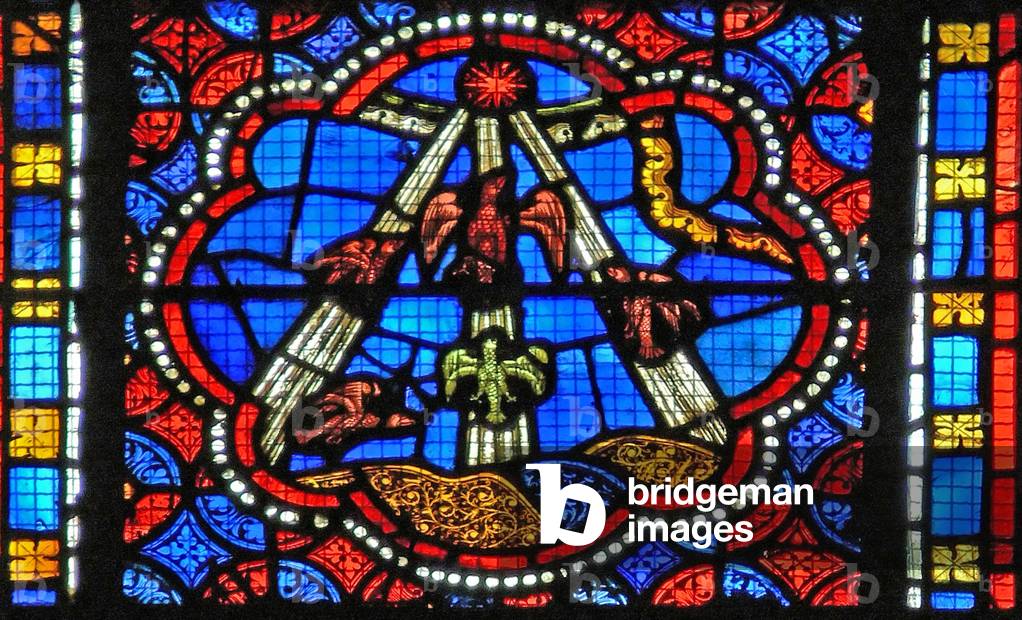 Window s2-L depicting Pentecost - the Spirit descends (stained glass)