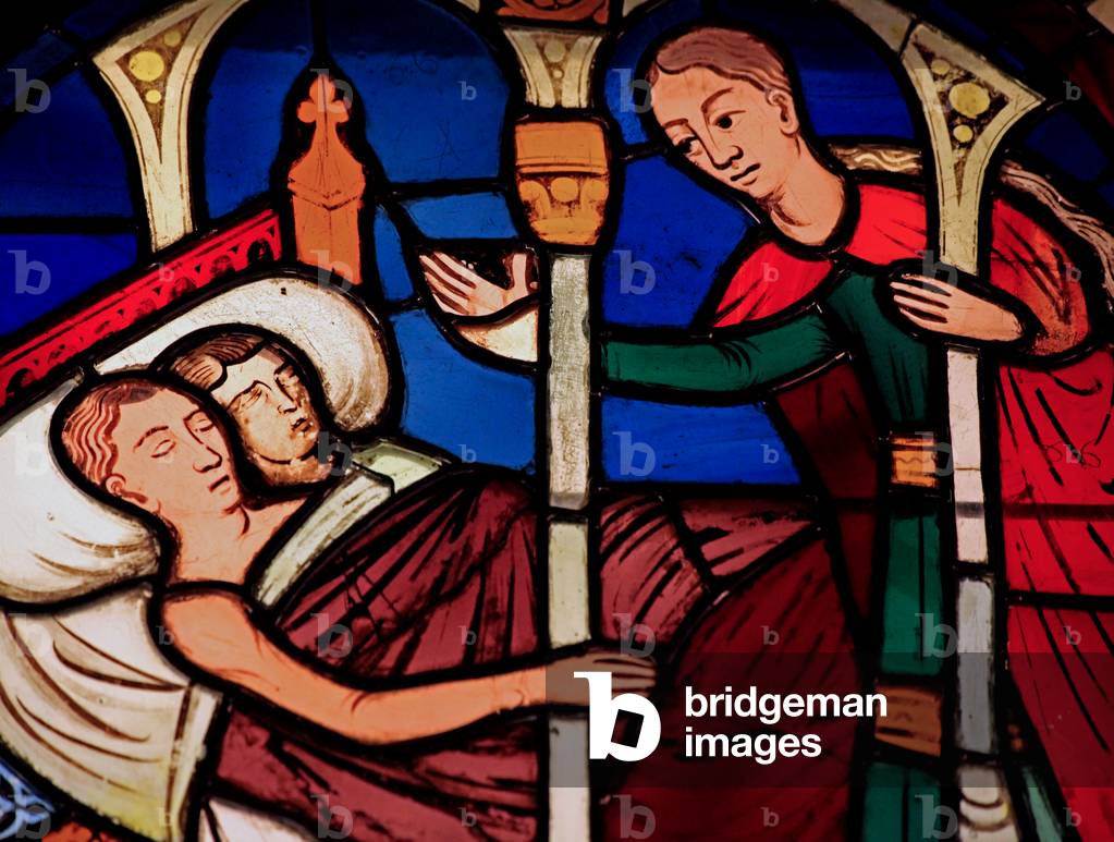 Depicting a servant enters Tobias and Sarah's room, ex Ste Chapelle, Bay E (stained glass)
