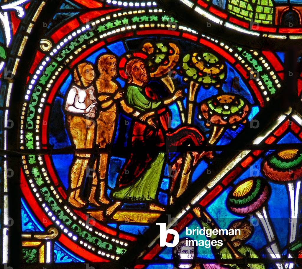 Window w15 depicting the Good Samaritan window: God points out the forbidden fruit to Adam and Eve (stained glass)