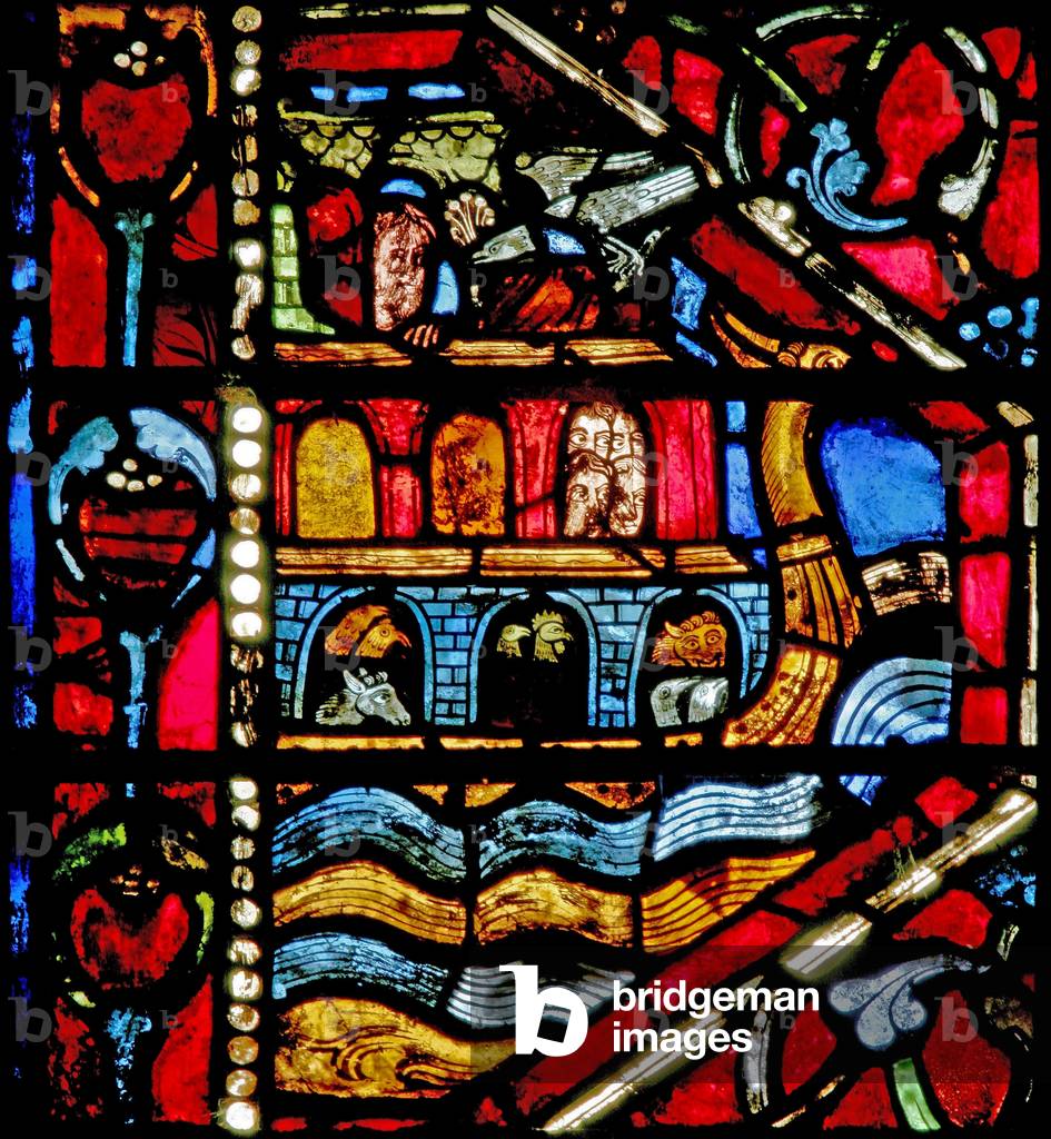 Window w19 depicting the Noah's Ark story: the dove returns (stained glass)