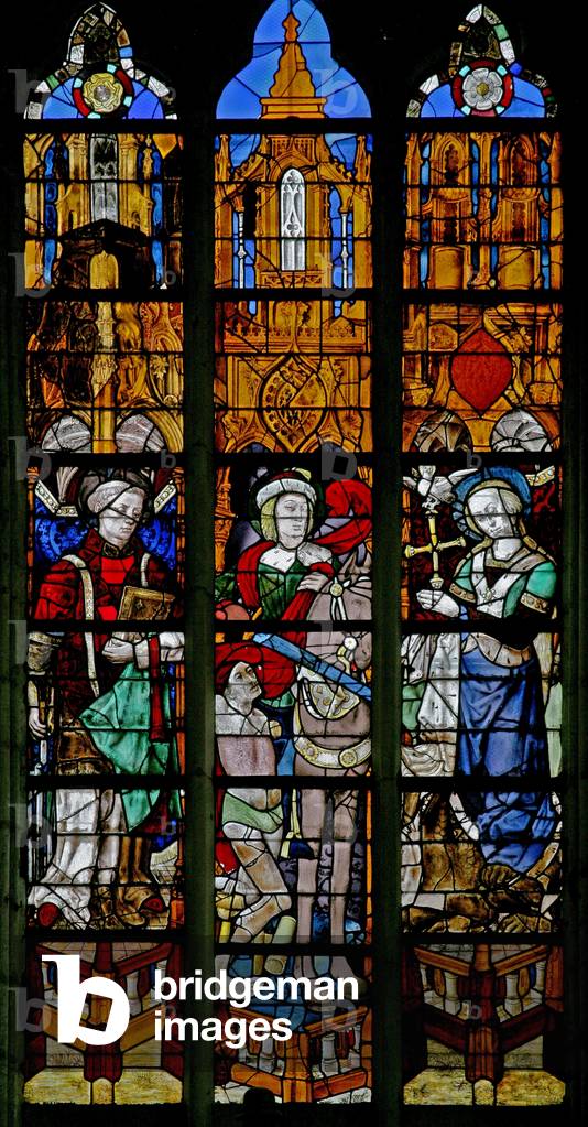 Window w17 depicting St Lawrence, St Martin and St Margaret (stained glass)